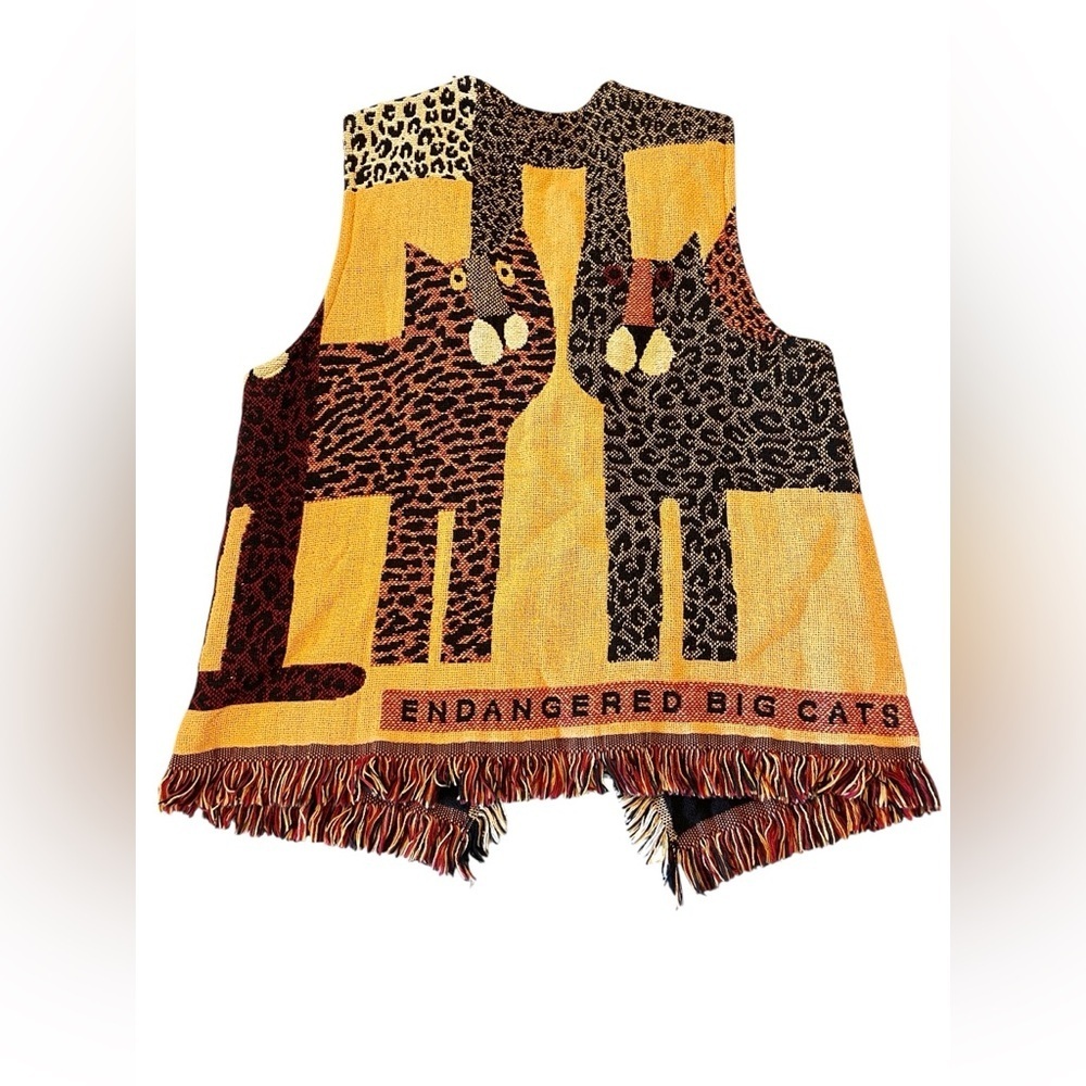 Vintage Lady’s Image Cats Animal Print Vest with Fringe